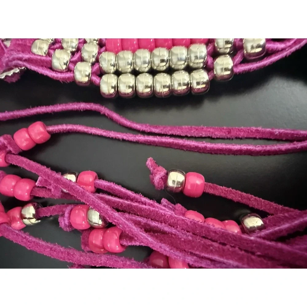Vintage Charmant Belt Long tussles Pink, Bright Velvet With Metal Beads Western